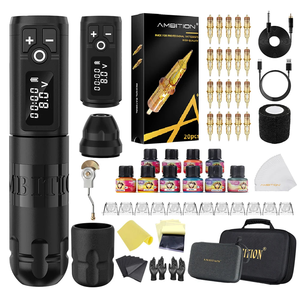 Ambition Soldier Kit Wireless Tattoo Machine Pen Gun 20pcs Glory Tattoo Cartridge Needle Set for Beginners & Professional Artist