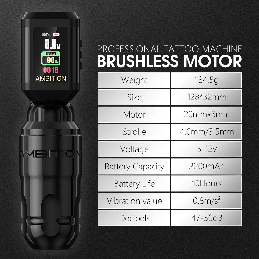 Ambition Lutin Latest Design Straight Rod Rotaty Tattoo Machine Pen Match Korall Wireless Battery Kits Brushless Motor Stroke