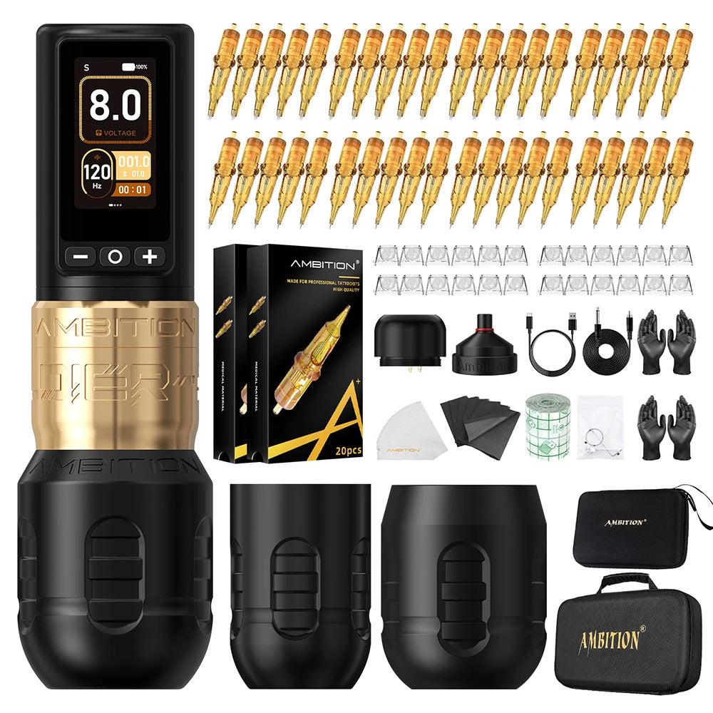 Ambition Soldier270 Kit Wireless Tattoo Machine Stroke Pen 4.0+4.5mm Professional Brushless Motor 2400mAh Battery Grip 34+42mm