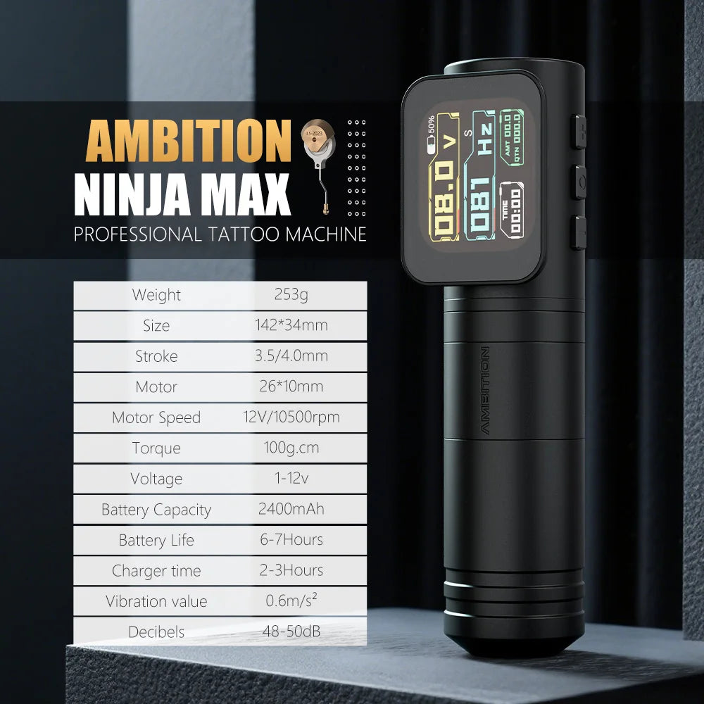 Ambition Ninja Max Wireless Tattoo Machine 4.0+3.5mm Stroke 2400mAh High Capacity Battery Coreless Motor Professional Tattooist