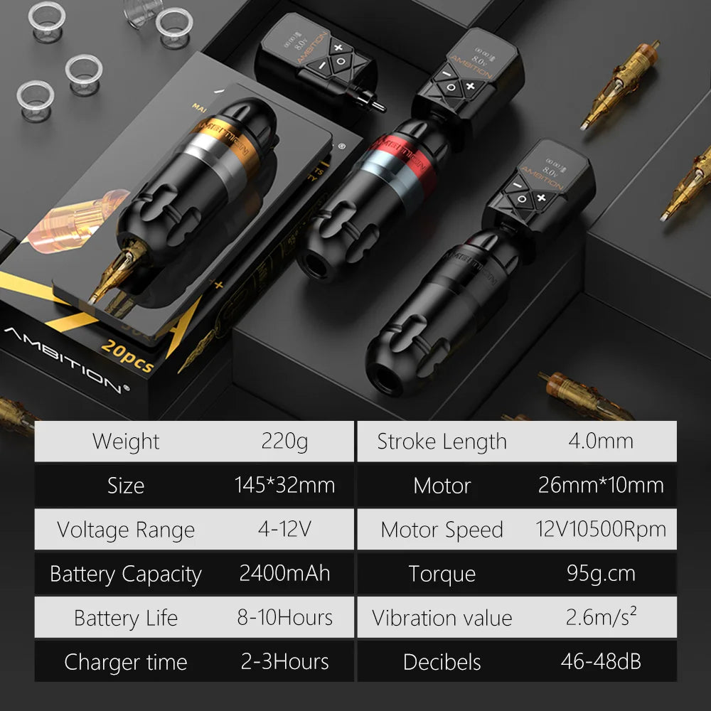 Ambition Shura Kit 2024 Double Bearing Rotary Tattoo Machine Pen RCA Stroke 3.5mm-4.0mm Coreless Motor Kuark Wireless Battery