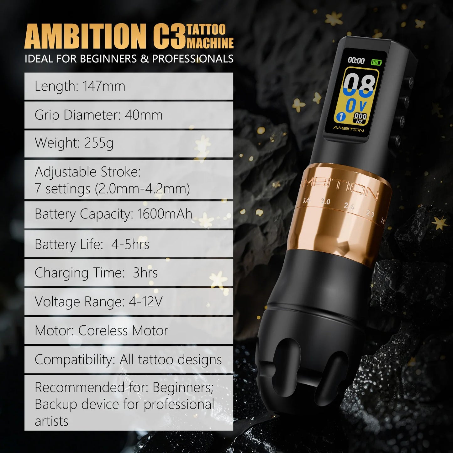 Ambition C3 Professional Wireless Tattoo Machine Pen 7 Adjustable Stroke 2.0-4.2mm Coreless Motor Body Makeup For Tattoo Artists