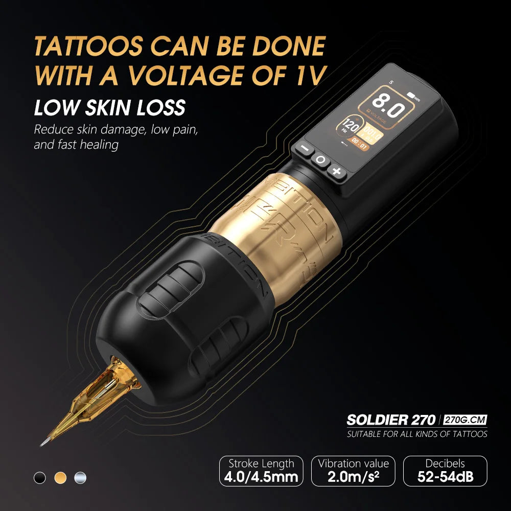 Ambition Soldier270 Kit Wireless Tattoo Machine Stroke Pen 4.0+4.5mm Professional Brushless Motor 2400mAh Battery Grip 34+42mm