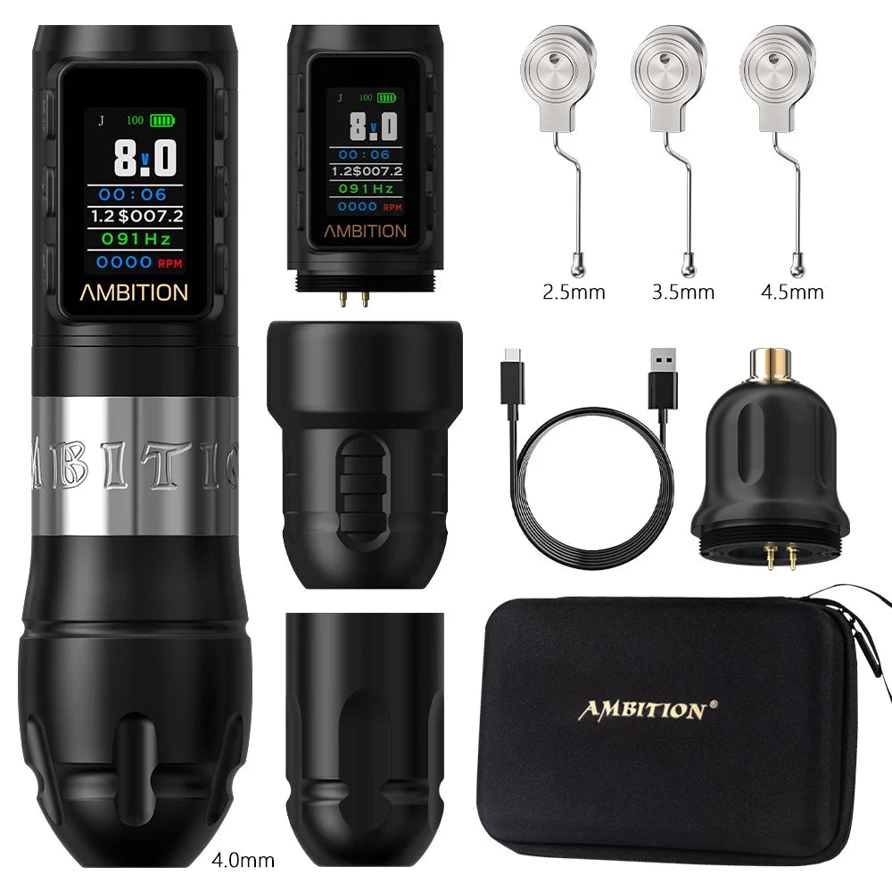Ambition Vibe Max 2.5-3.5-4.0-4.5mm Stroke Wireless Tattoo Machine Pen Brushless Motor 1800mAh Color Screen Billing Battery