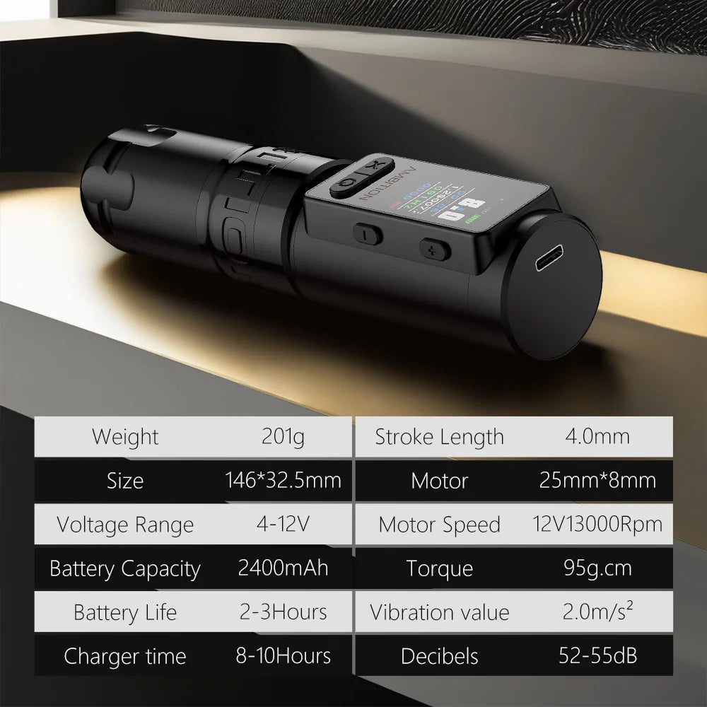Ambition Soldier Max Kit Wireless Tattoo Machine Straight Rod Stroke 4.0mm Color Screen Billing Battery 2400mAh Coreless Motor