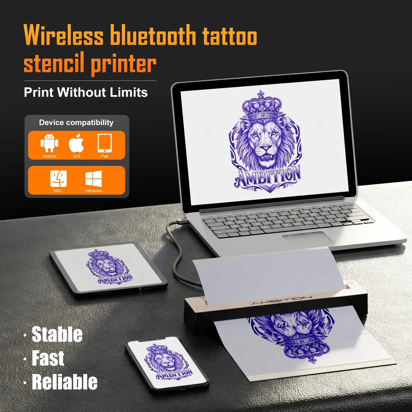 Ambition G1 Wireless Portable Thermal Tattoo Printer Inkless Transfer Machine A4 HD Printer Bluetooth USB Phone & PC For App