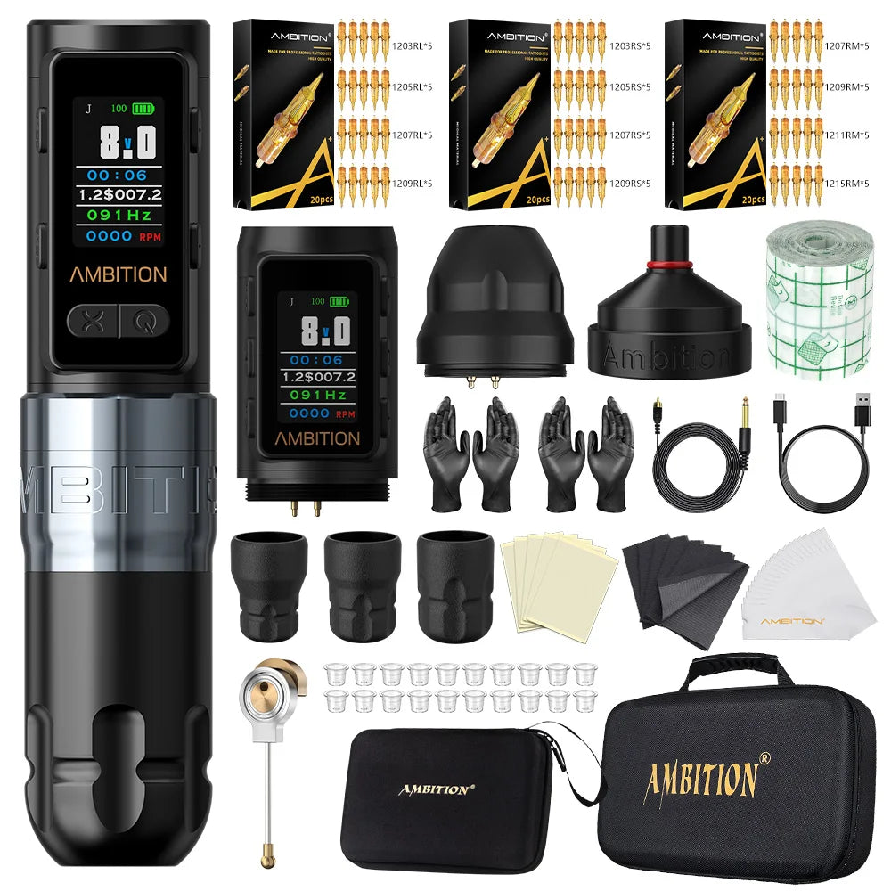 Ambition Soldier Max Kit Wireless Tattoo Machine Straight Rod Stroke 4.0mm Color Screen Billing Battery 2400mAh Coreless Motor