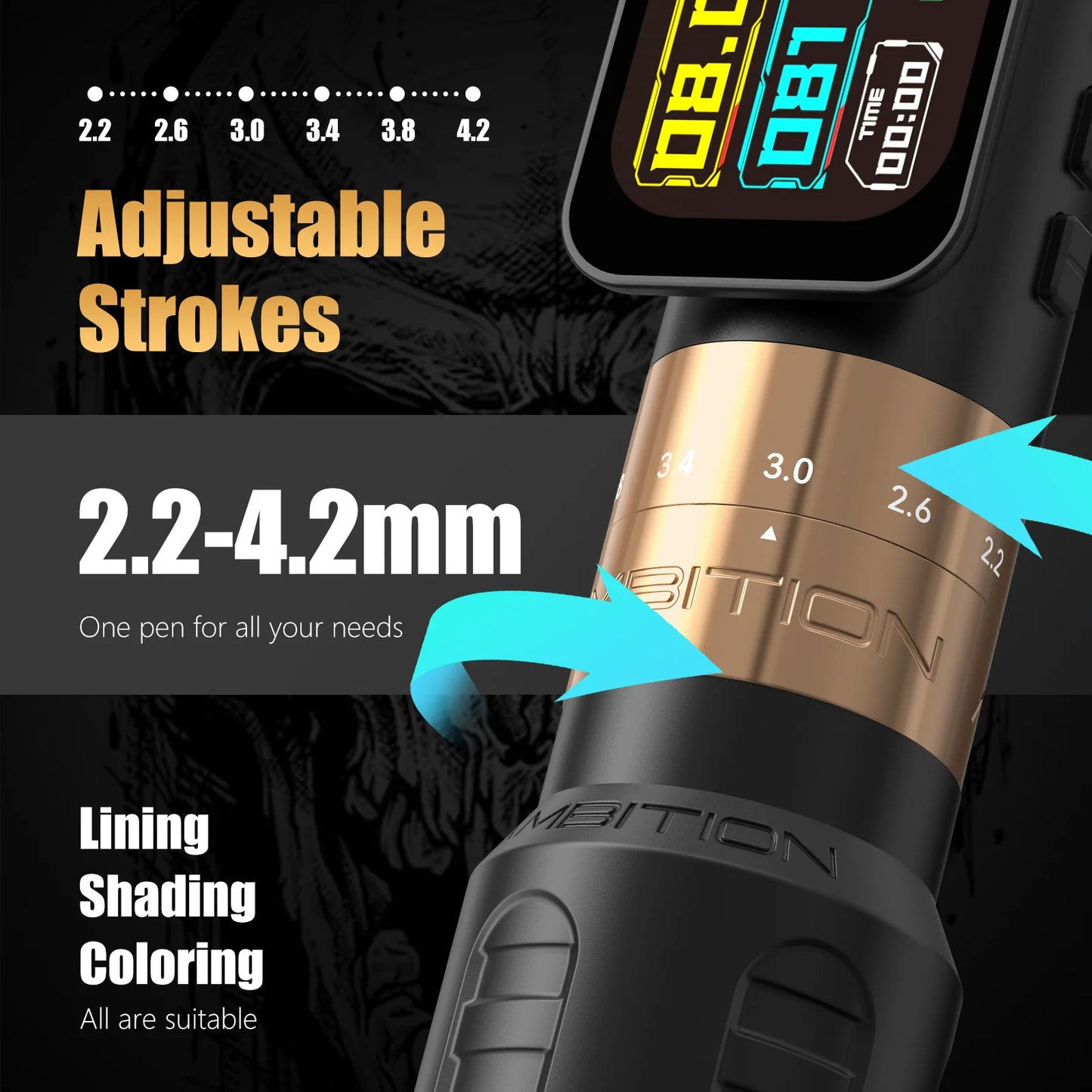 Ambition Seher Pro 2.2-4.2mm Adjustable Stroke Tattoo Pen Wireless Tattoo Machine 2400mAh Battery Coreless Motor 42mm+34mm Grip