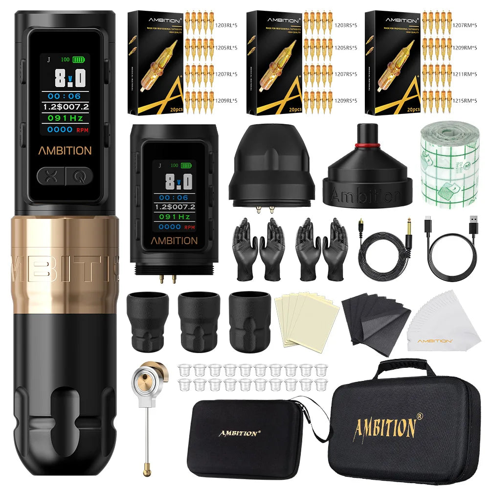 Ambition Soldier Max Kit Wireless Tattoo Machine Straight Rod Stroke 4.0mm Color Screen Billing Battery 2400mAh Coreless Motor