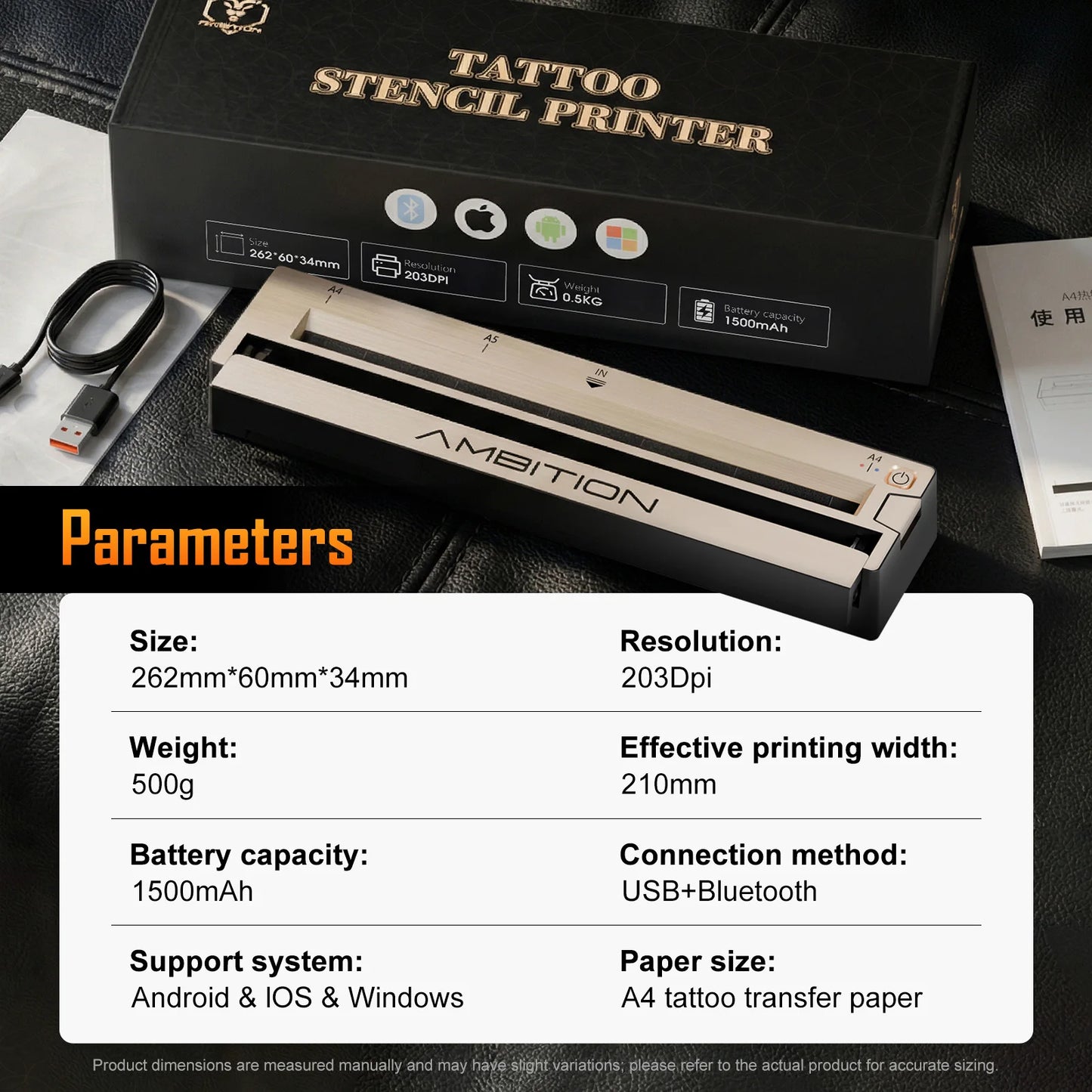Ambition G1 Wireless Portable Thermal Tattoo Printer Inkless Transfer Machine A4 HD Printer Bluetooth USB Phone & PC For App