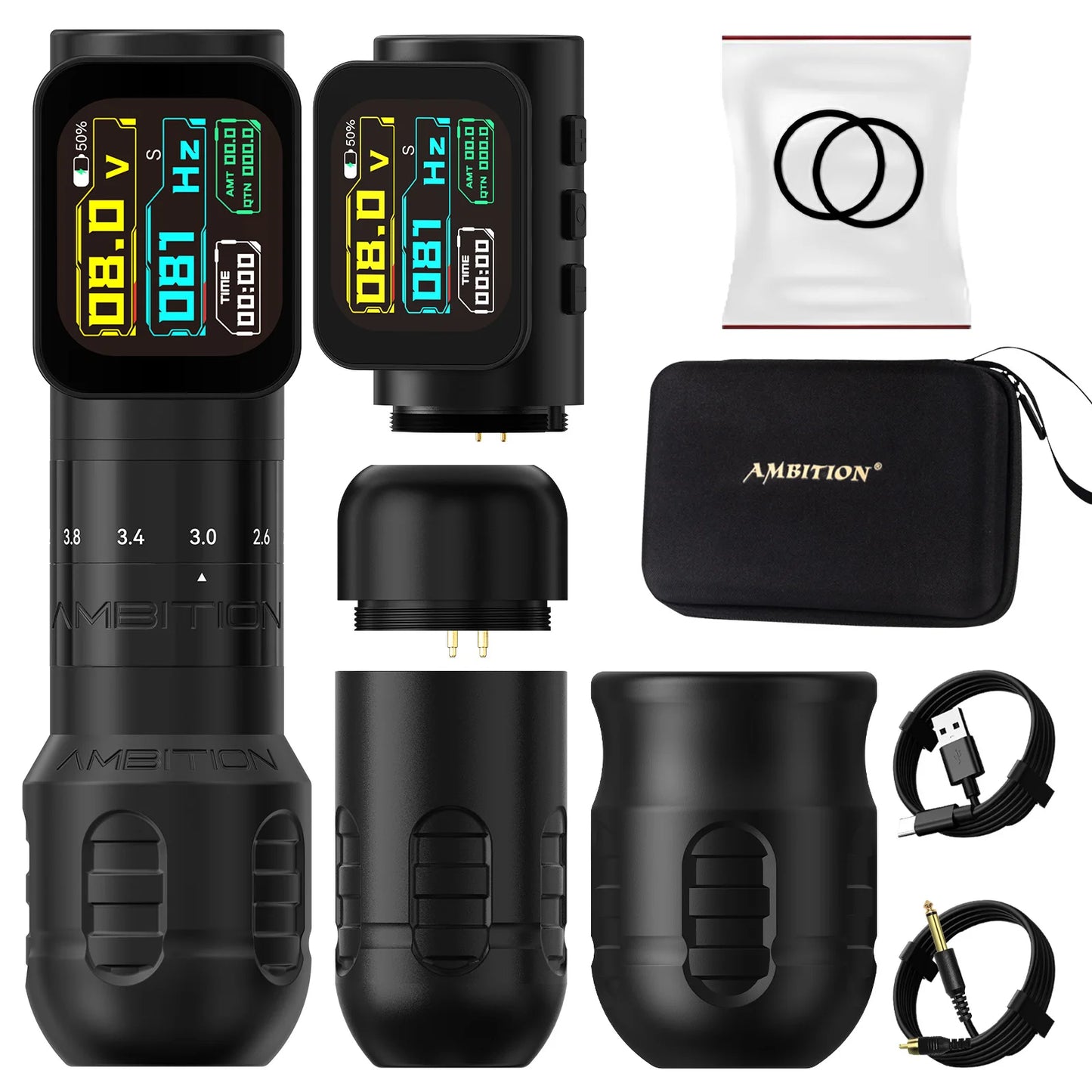 Ambition Seher Pro 2.2-4.2mm Adjustable Stroke Tattoo Pen Wireless Tattoo Machine 2400mAh Battery Coreless Motor 42mm+34mm Grip