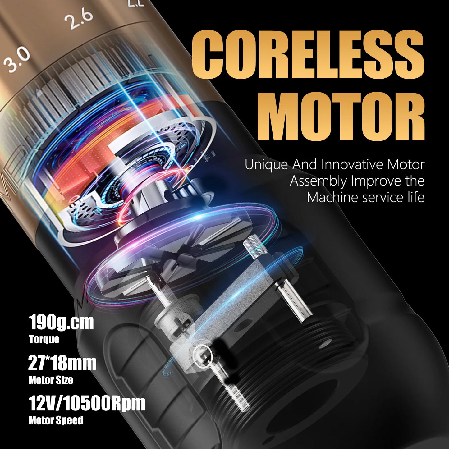 Ambition Seher Pro 2.2-4.2mm Adjustable Stroke Tattoo Pen Wireless Tattoo Machine 2400mAh Battery Coreless Motor 42mm+34mm Grip