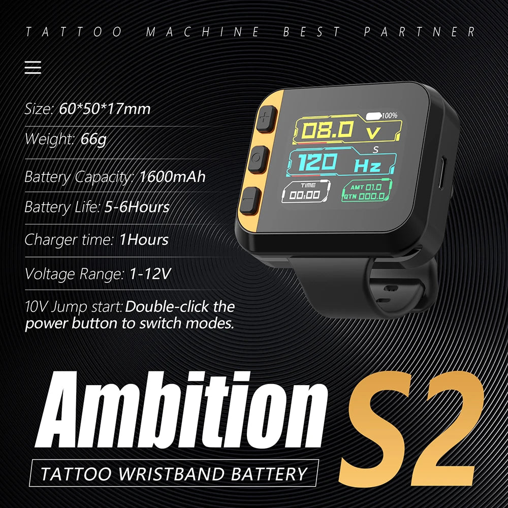 Ambition S2 Touch Screen Wireless Tattoo Power Supply RCA Watch 1600mAh 1-12V Voltage For Tattoo Machine Rotary Pen Artister