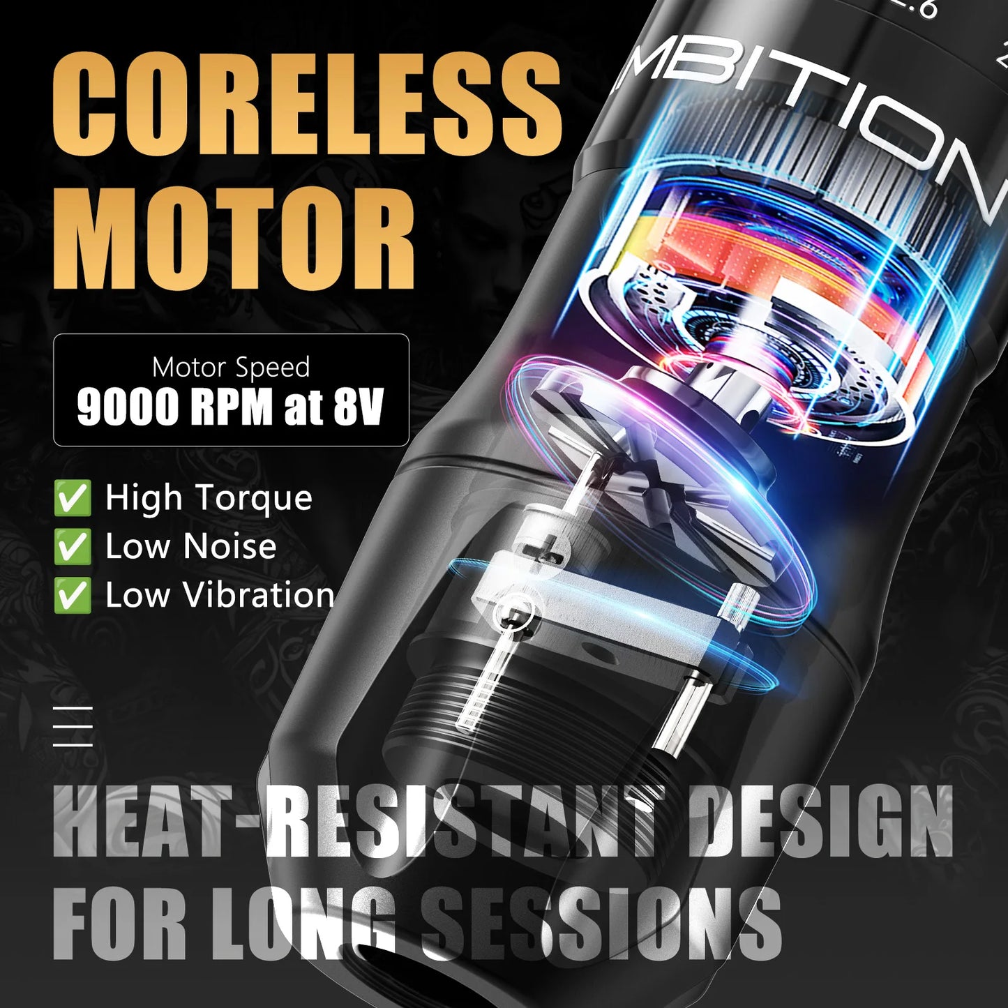Ambition C2 Wireless Tattoo Machine Pen 7 Adjustable Stroke Coreless Motor 1600mAh Battery Makeup Microplasty Pen For Tattoo Art