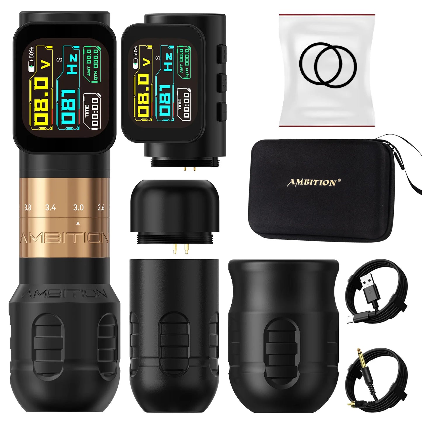 Ambition Seher Pro 2.2-4.2mm Adjustable Stroke Tattoo Pen Wireless Tattoo Machine 2400mAh Battery Coreless Motor 42mm+34mm Grip