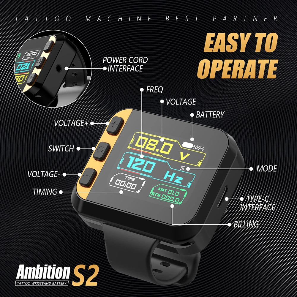 Ambition S2 Touch Screen Wireless Tattoo Power Supply RCA Watch 1600mAh 1-12V Voltage For Tattoo Machine Rotary Pen Artister