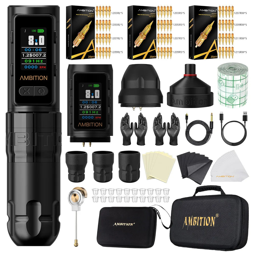 Ambition Soldier Max Kit Wireless Tattoo Machine Straight Rod Stroke 4.0mm Color Screen Billing Battery 2400mAh Coreless Motor