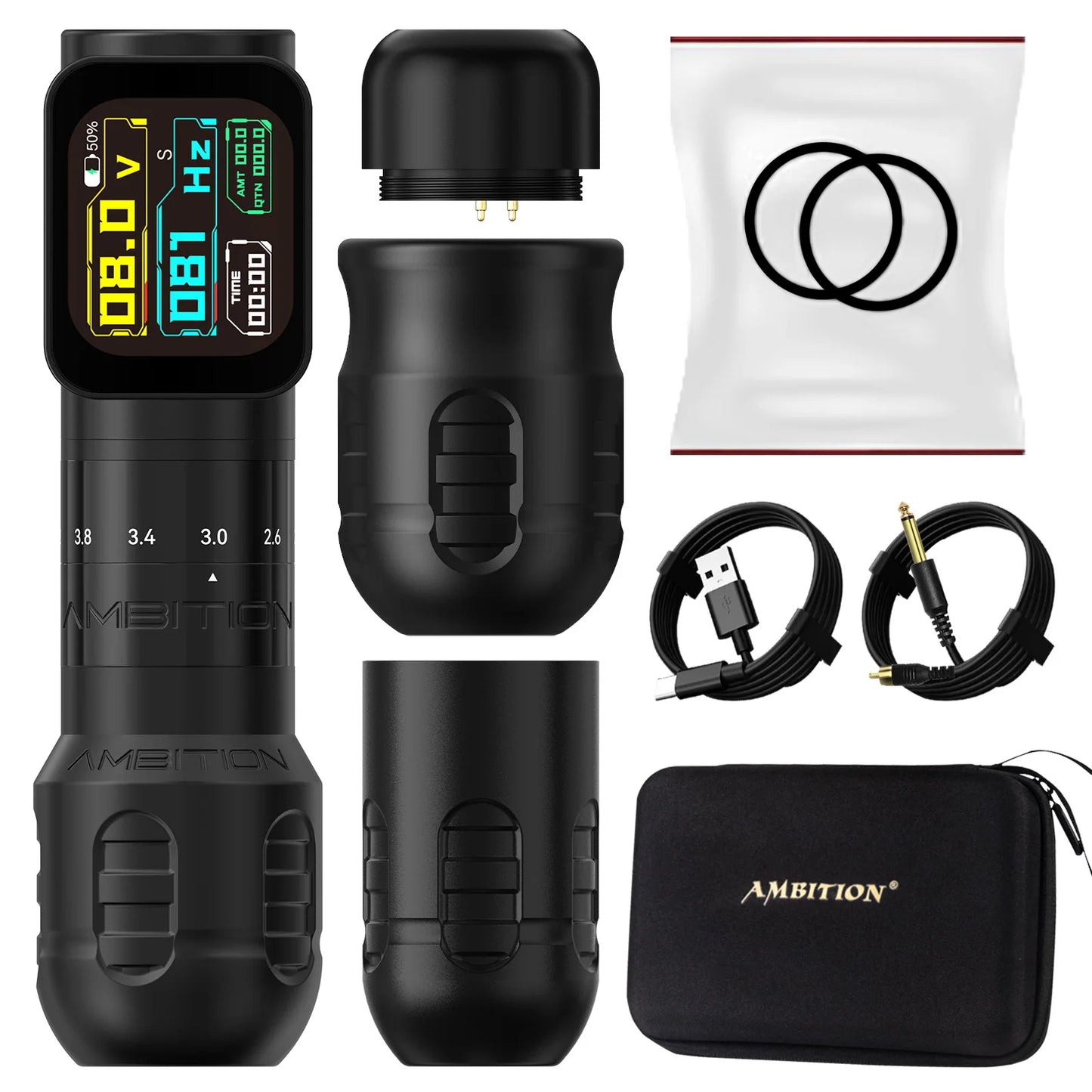 Ambition Seher Pro 2.2-4.2mm Adjustable Stroke Tattoo Pen Wireless Tattoo Machine 2400mAh Battery Coreless Motor 42mm+34mm Grip