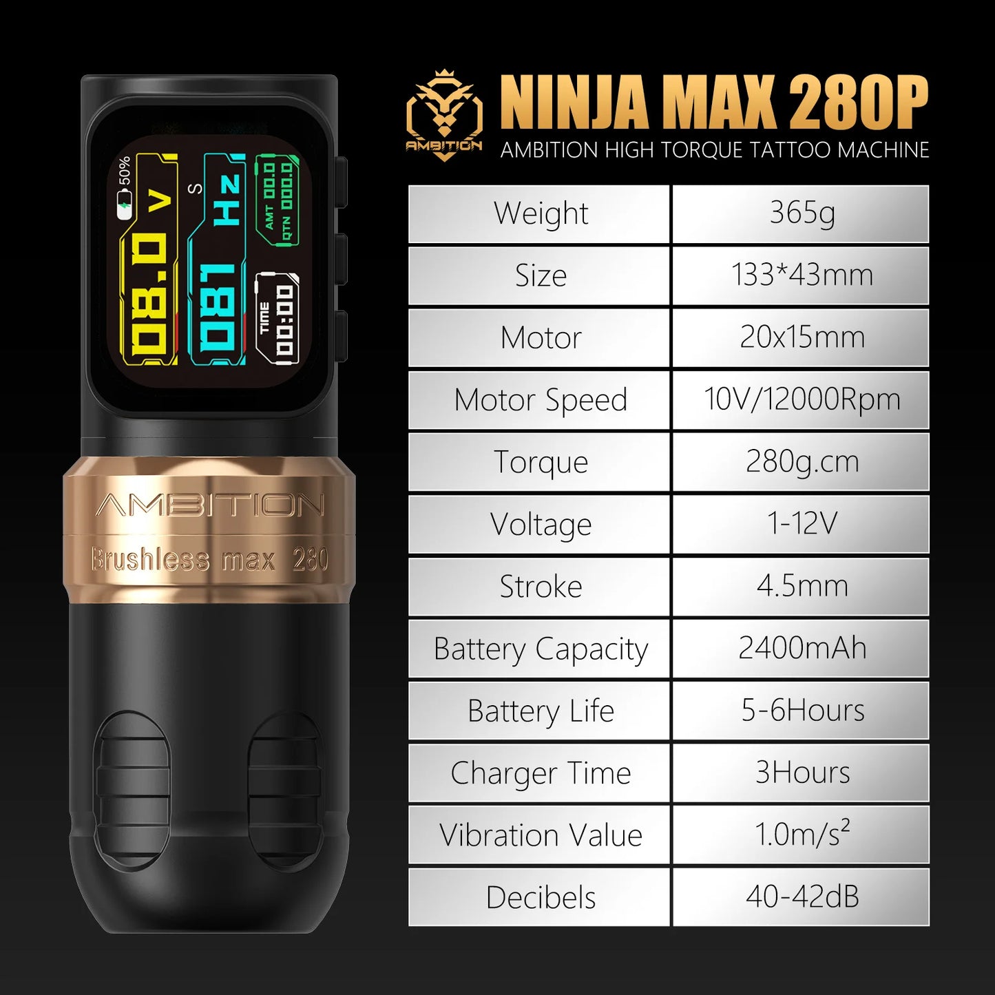 Ambition Ninja Max 280P Brushless Motor Tattoo Machine 4.5mm/3.5mm Stroke Straight Rod Direct Drive Wireless Tattoo Pen Supply