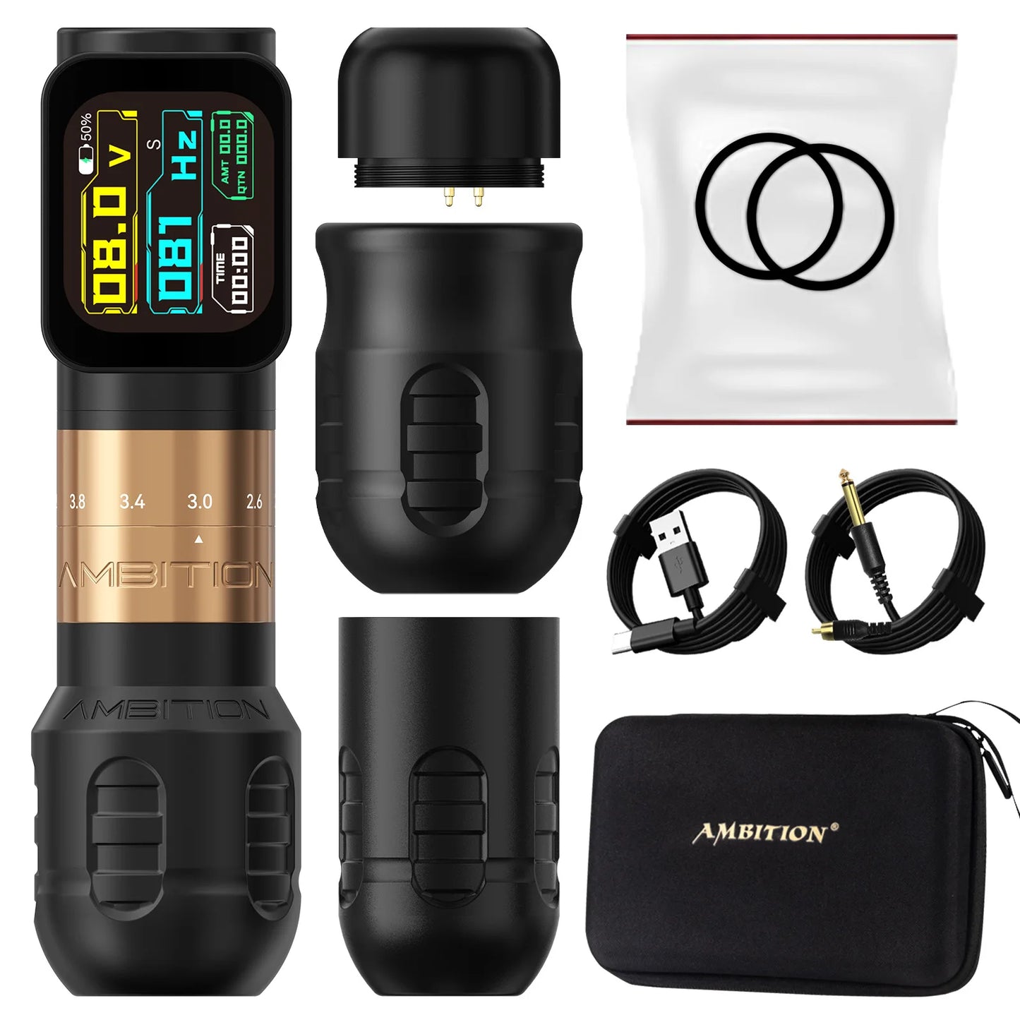 Ambition Seher Pro 2.2-4.2mm Adjustable Stroke Tattoo Pen Wireless Tattoo Machine 2400mAh Battery Coreless Motor 42mm+34mm Grip