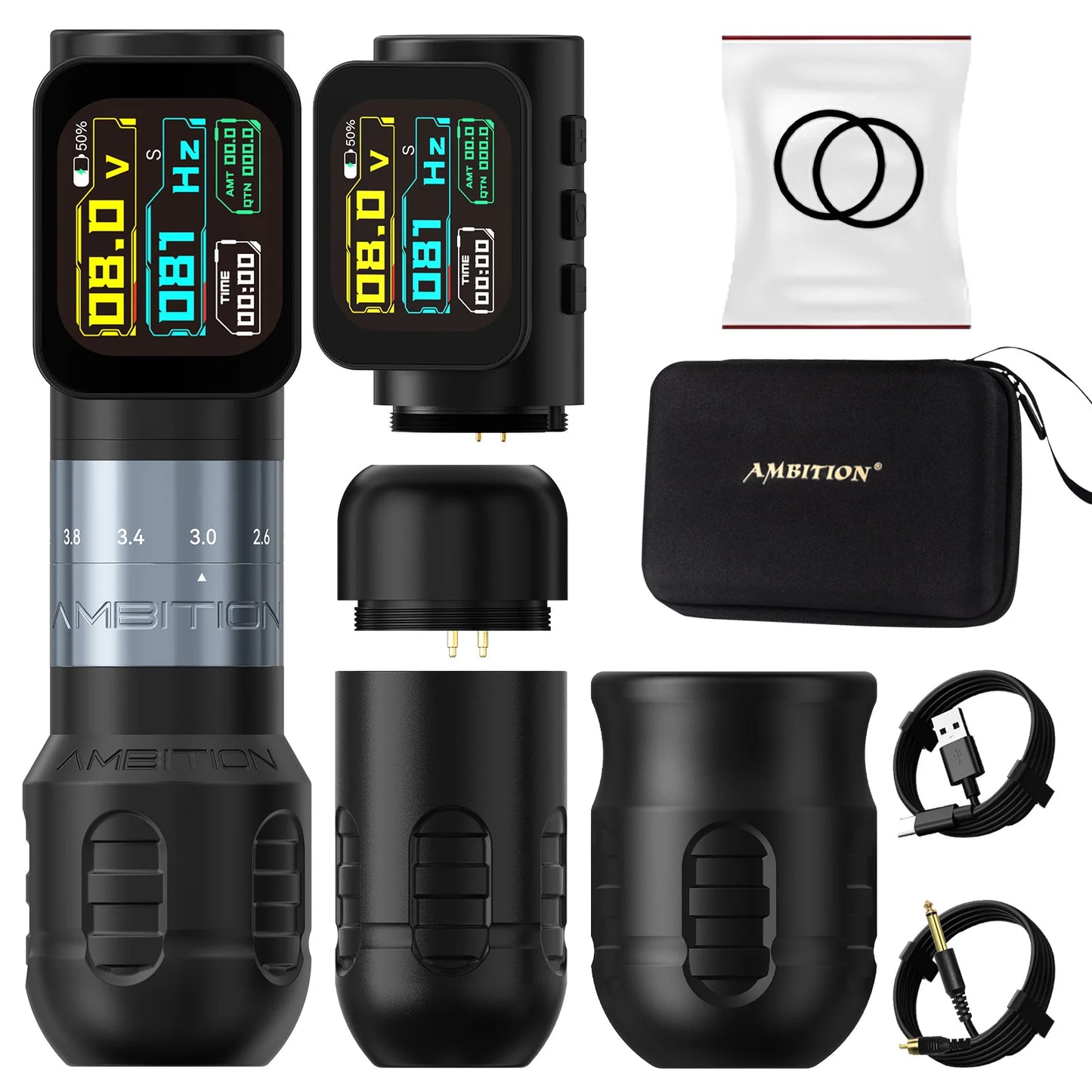 Ambition Seher Pro 2.2-4.2mm Adjustable Stroke Tattoo Pen Wireless Tattoo Machine 2400mAh Battery Coreless Motor 42mm+34mm Grip