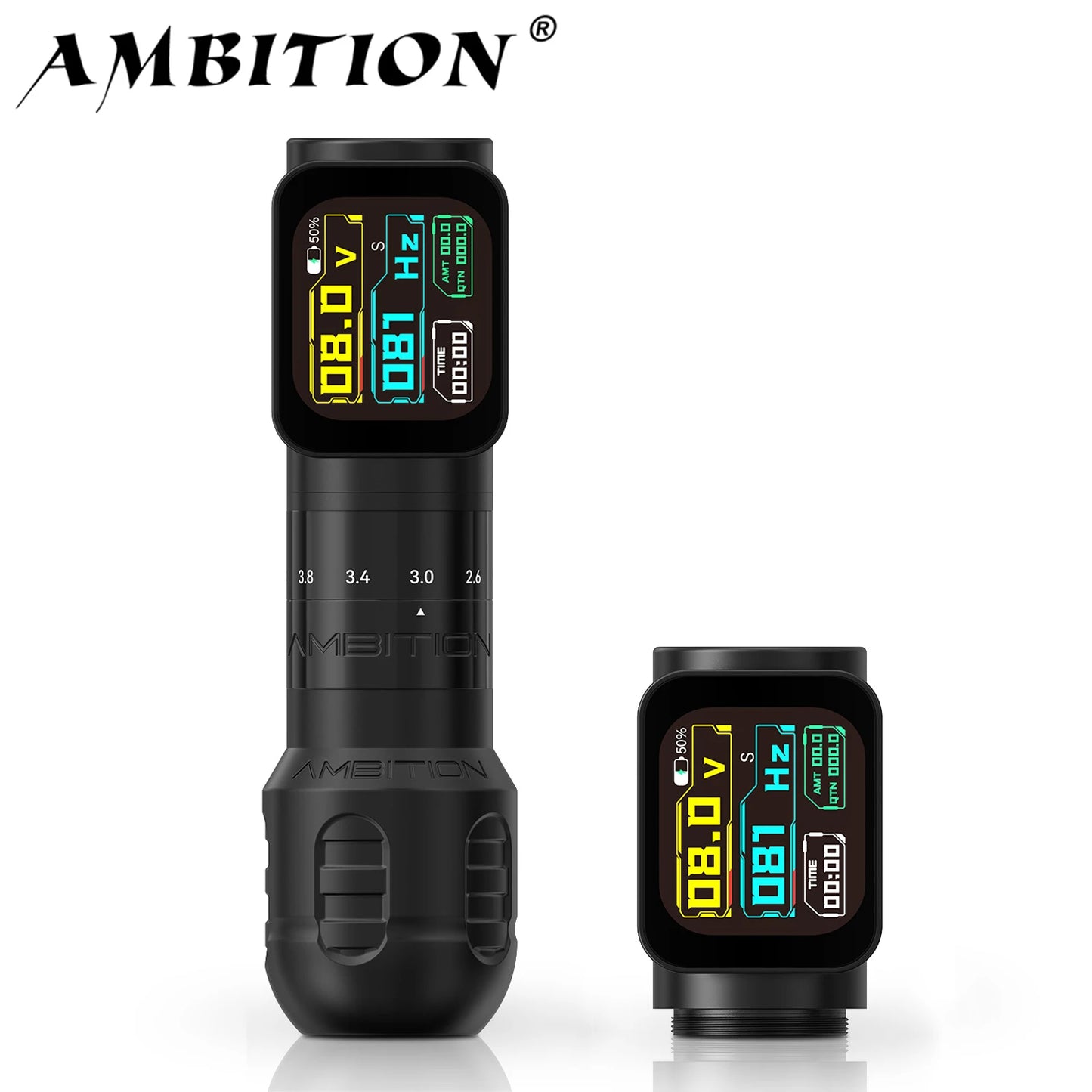 Ambition Seher Pro 2.2-4.2mm Adjustable Stroke Tattoo Pen Wireless Tattoo Machine 2400mAh Battery Coreless Motor 42mm+34mm Grip