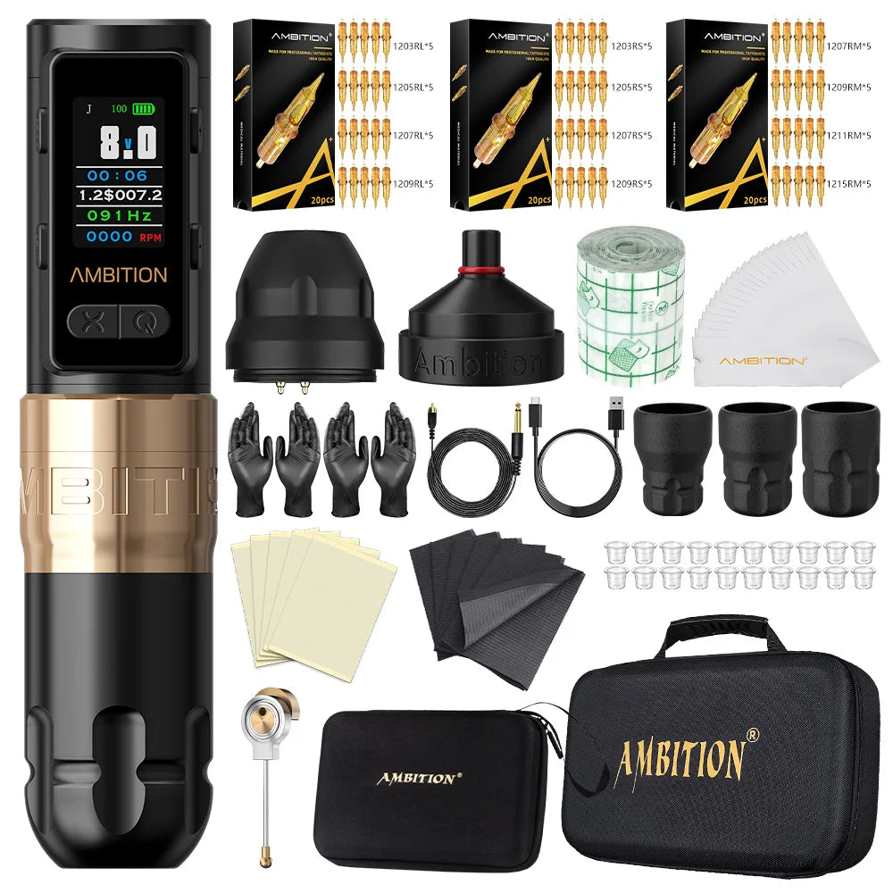 Ambition Soldier Max Kit Wireless Tattoo Machine Straight Rod Stroke 4.0mm Color Screen Billing Battery 2400mAh Coreless Motor