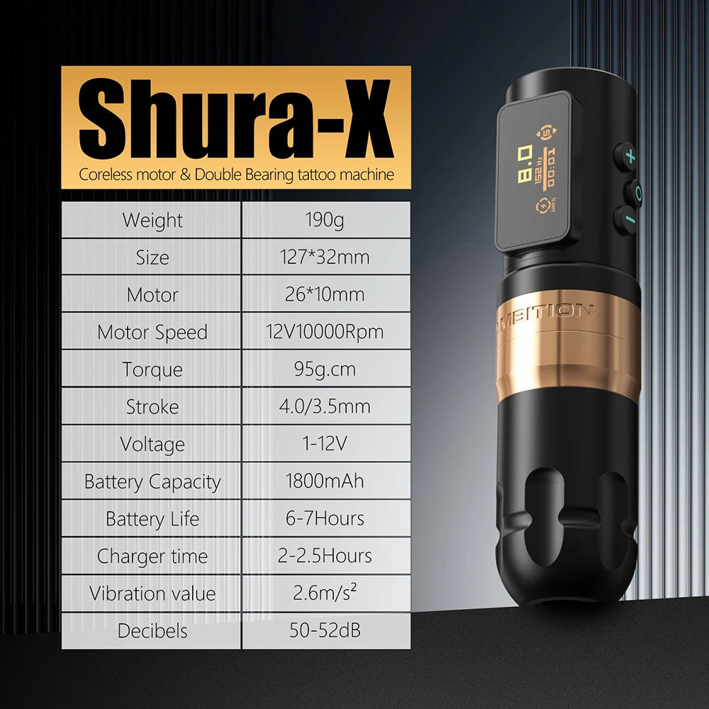 Ambition Shura-X Wireless Tattoo Machine 3.5mm+4.0mm Stroke 1-12V Voltage Battery 1800mAh Double Bearing Direct Drive Tattoo Pen