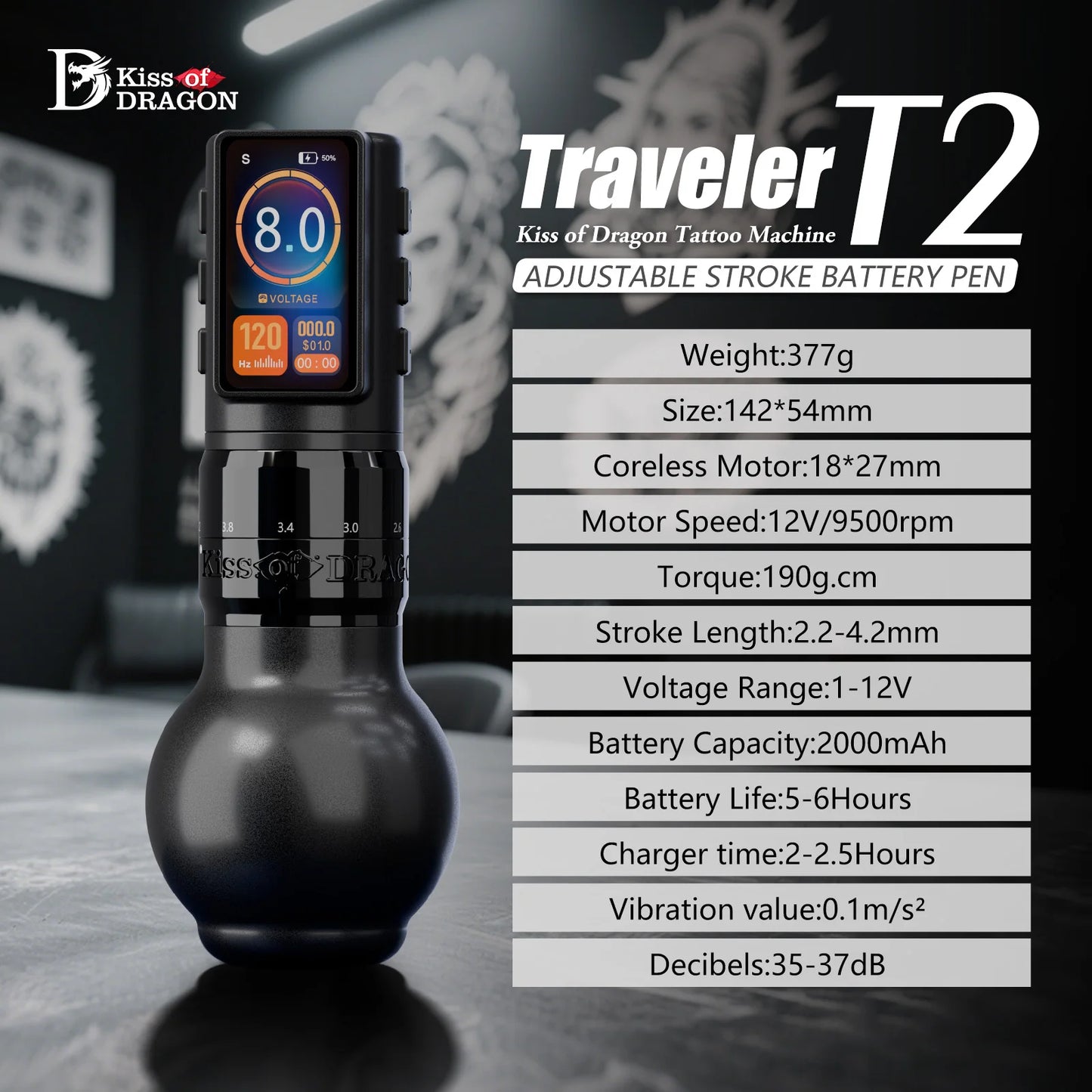 Ambition Traveler-T2 2025 Adjustable Stroke Wireless Tattoo Machine 2.2-4.2mm Grip 54mm+42mm with 2000mAh Battery Capacity Pen