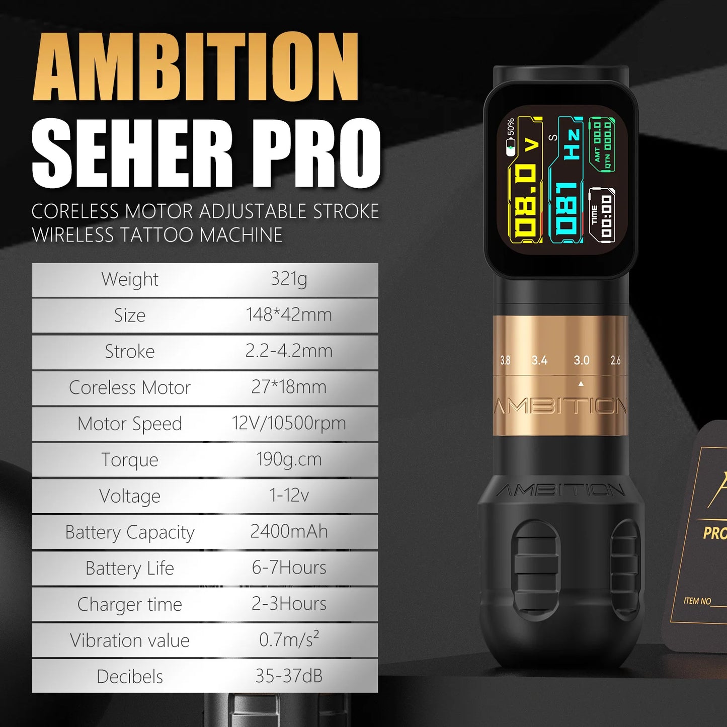 Ambition Seher Pro 2.2-4.2mm Adjustable Stroke Tattoo Pen Wireless Tattoo Machine 2400mAh Battery Coreless Motor 42mm+34mm Grip