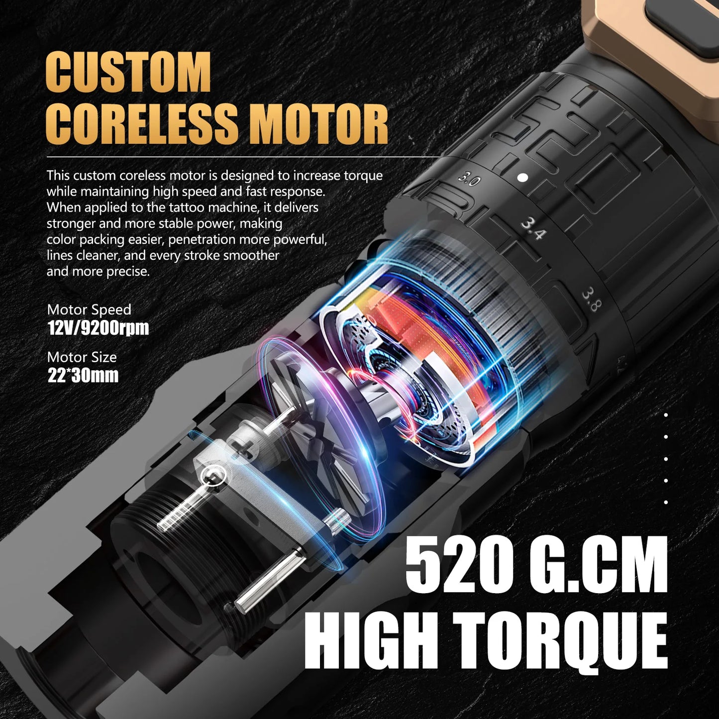 Ambition Soldier Pro 520 Wireless Tattoo Machine Adjustable Stroke 2.2-4.2mm Tattoo Pen Torque 520g.cm Coreless Motor 2400mAh