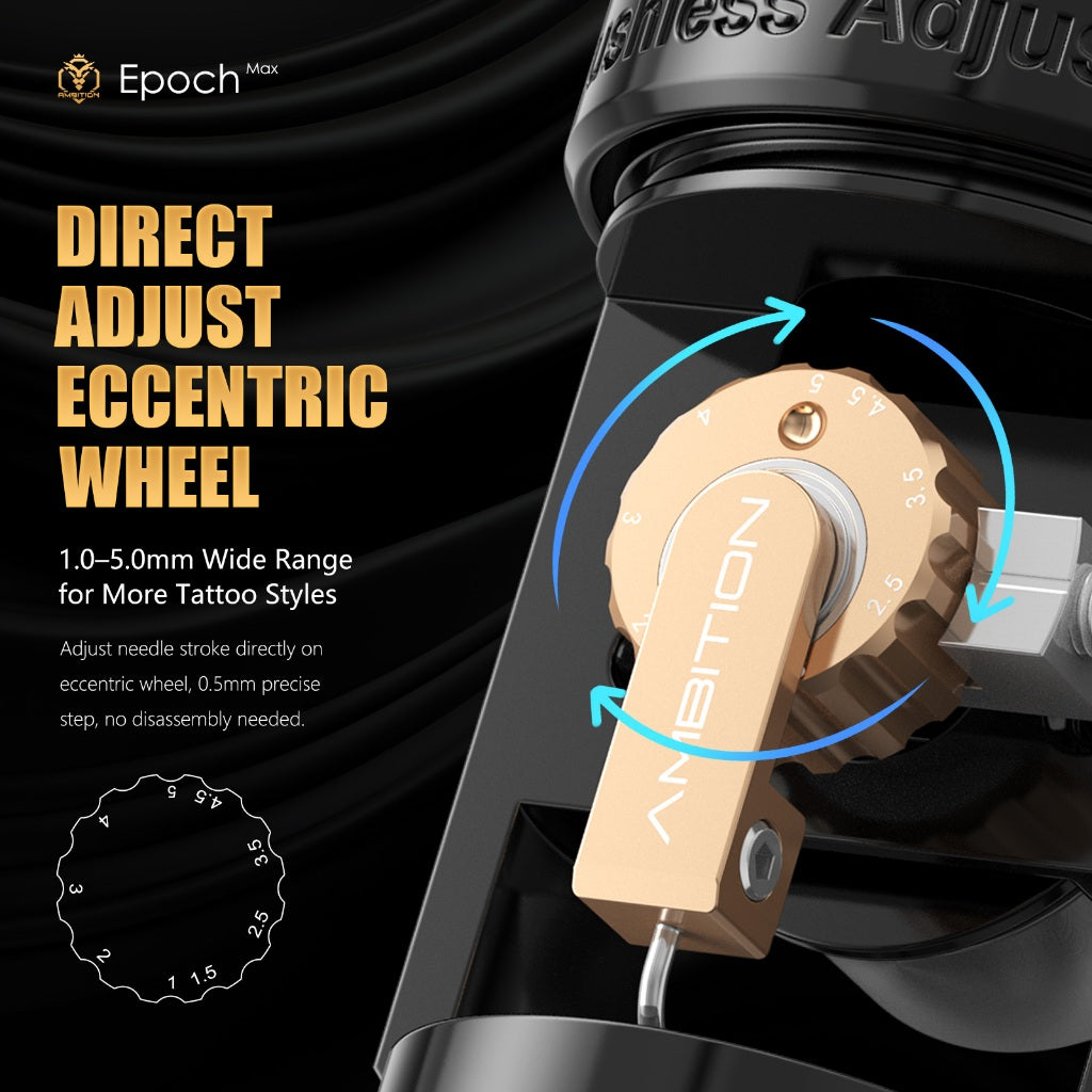 Ambition Epoch Max Brushless Tattoo Machine 270g.cm High Torque Direct Adjustment Eccentric Wheel No Disassembly Required 1-5mm Stroke Each Gear 0.5mm Adjustment Tangent/Fogging One Machine
